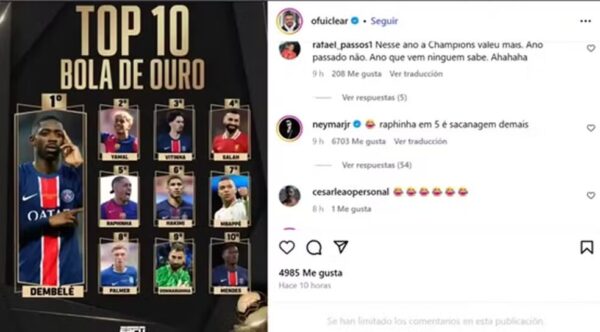 Neymar reclama da posição de Raphinha na Bola de Ouro — Foto: Reprodução