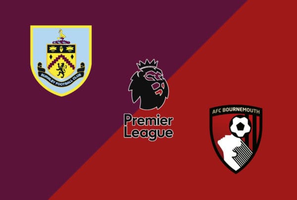 Logos do Burnley e Bournemouth na partida da Premier League, com destaque para os escudos dos times.