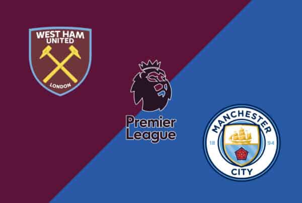 Imagem de logos dos times West Ham United e Manchester City, com o logo da Premier League ao centro.